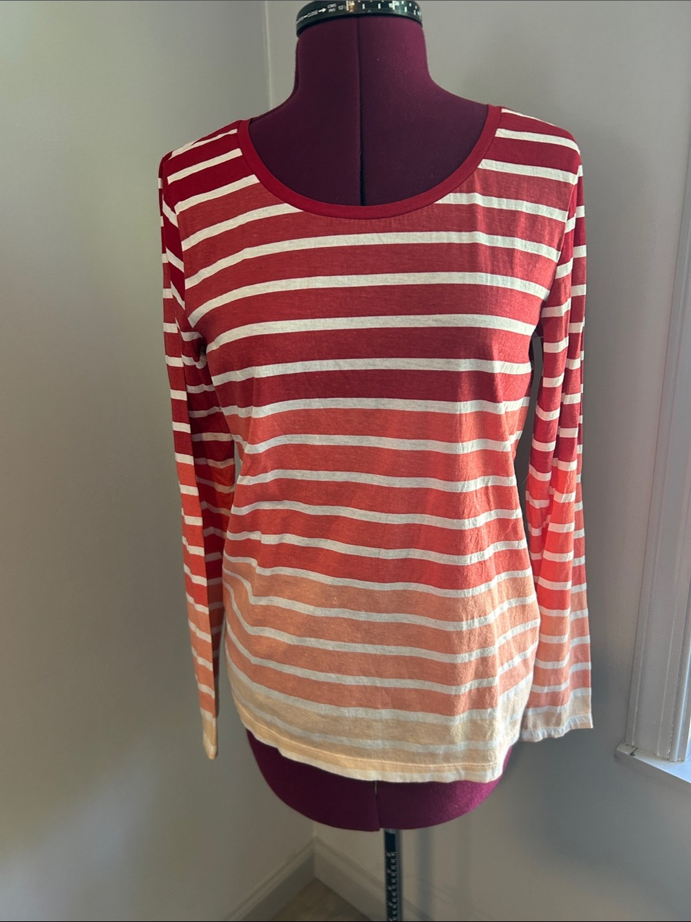 LOFT Striped Long-Sleeve Scoop Neck Top in Coral and Cream Ombre